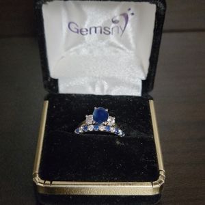 14k White Gold Sapphire and Diamond Engagement Ring and Wedding Band Set